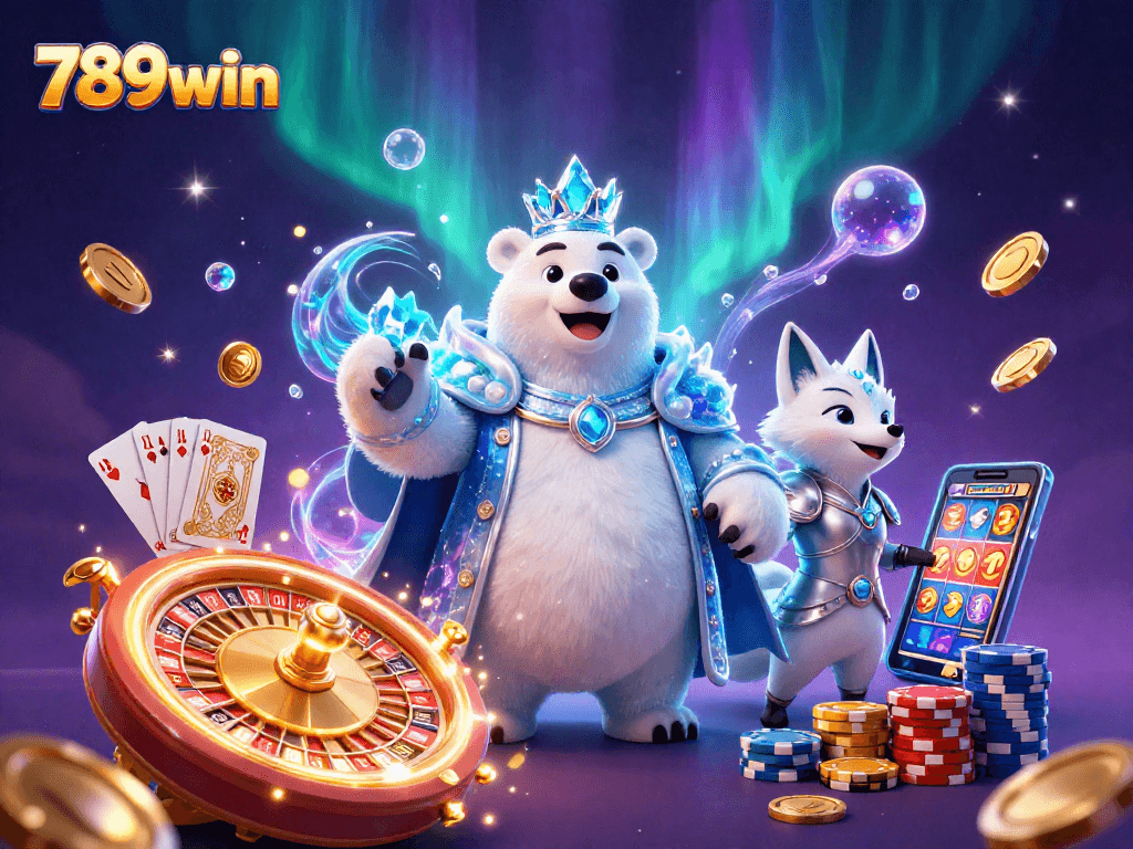 Immerse in the excitement of 789win with vibrant casino elements including a polar bear and snow fox.