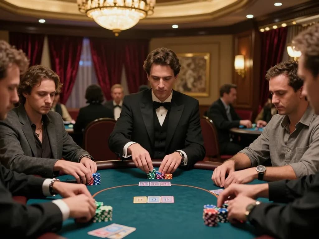 Players engaged in TT88 poker game, strategic bets placed in upscale casino setting, focused atmosphere.