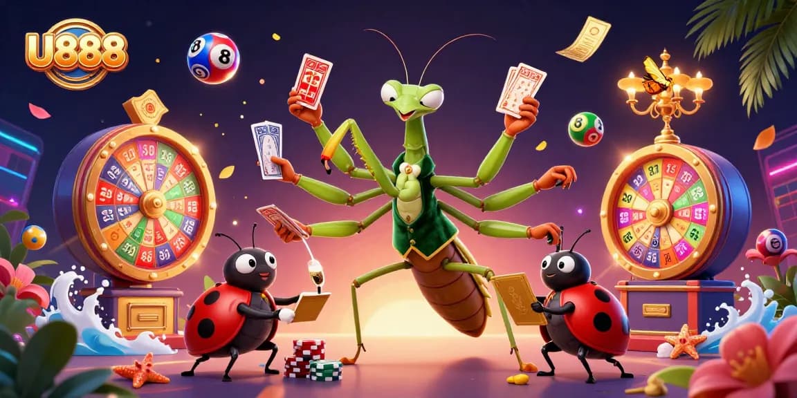 Engage in exciting betting with U888 featuring a dynamic 3D casino scene of card dealing and vibrant game elements.