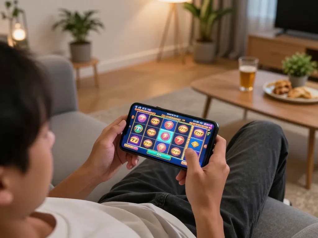 Playing slot gacor 777 on a smartphone shows excitement in a cozy living room setting.