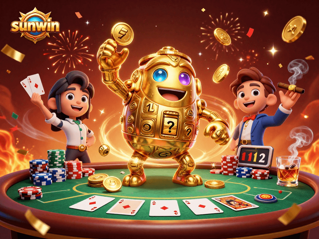 Win big with sunwin's vibrant casino scene featuring a golden golem and poker elements.