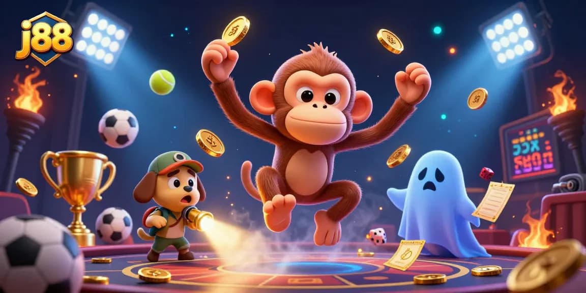 Experience thrilling j88 moments as a mischievous monkey juggles gold in a haunted casino scene.