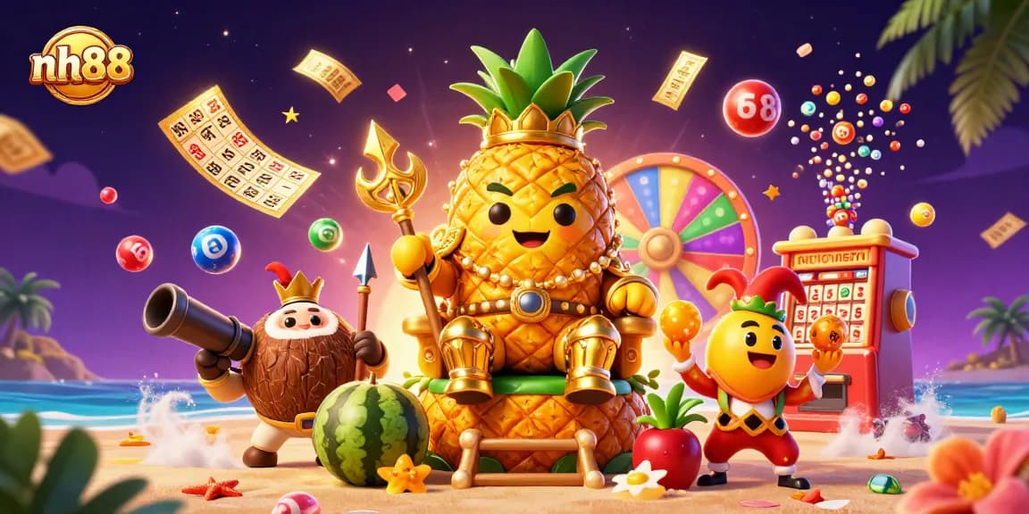Engage in fun at nh88 with a colorful casino scene featuring jackpot elements and vibrant beach characters
