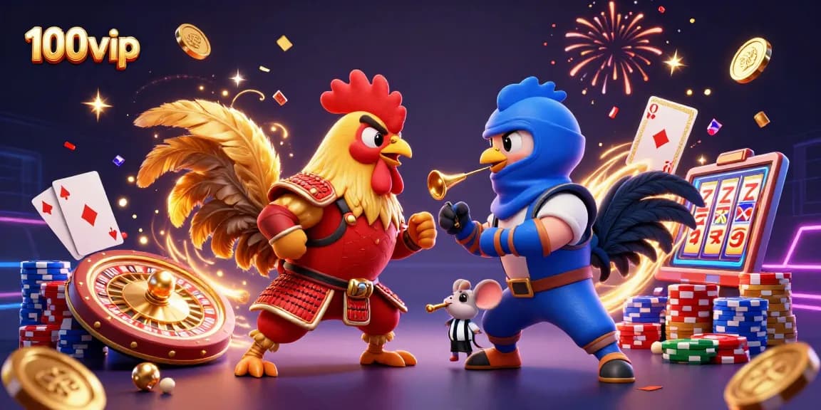 Experience the excitement of 100vip cockfighting amidst cascading gems and vibrant casino elements.
