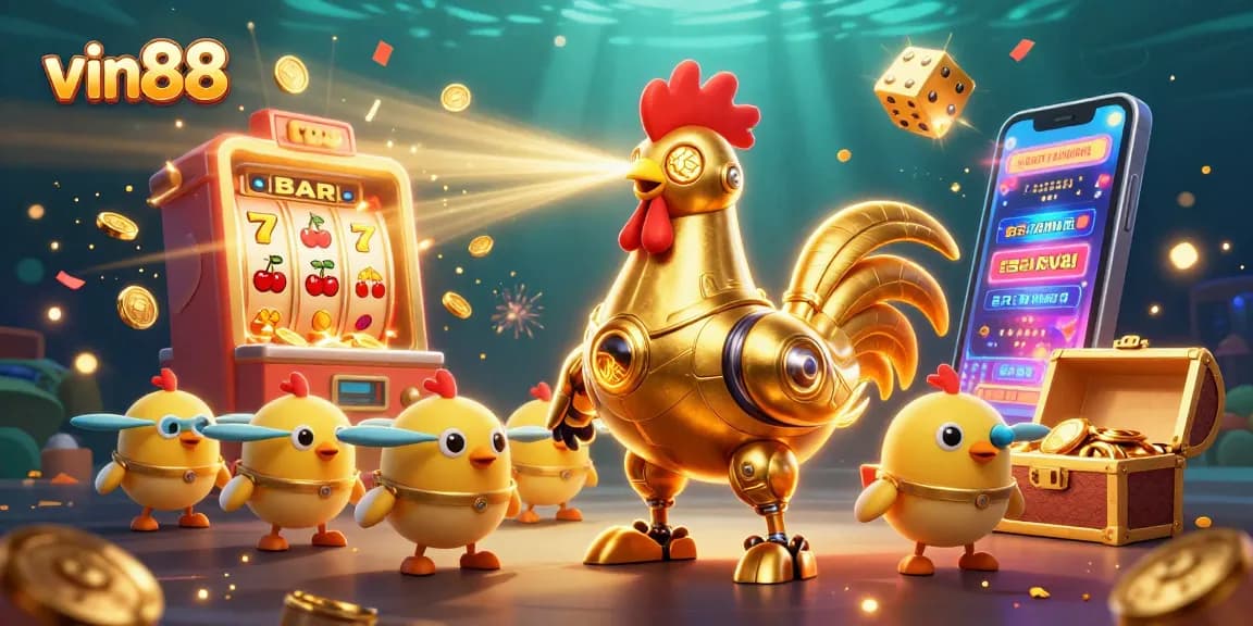 Experience excitement at vin88 with a golden rooster robot and baby chick drones amidst a casino jackpot scene.