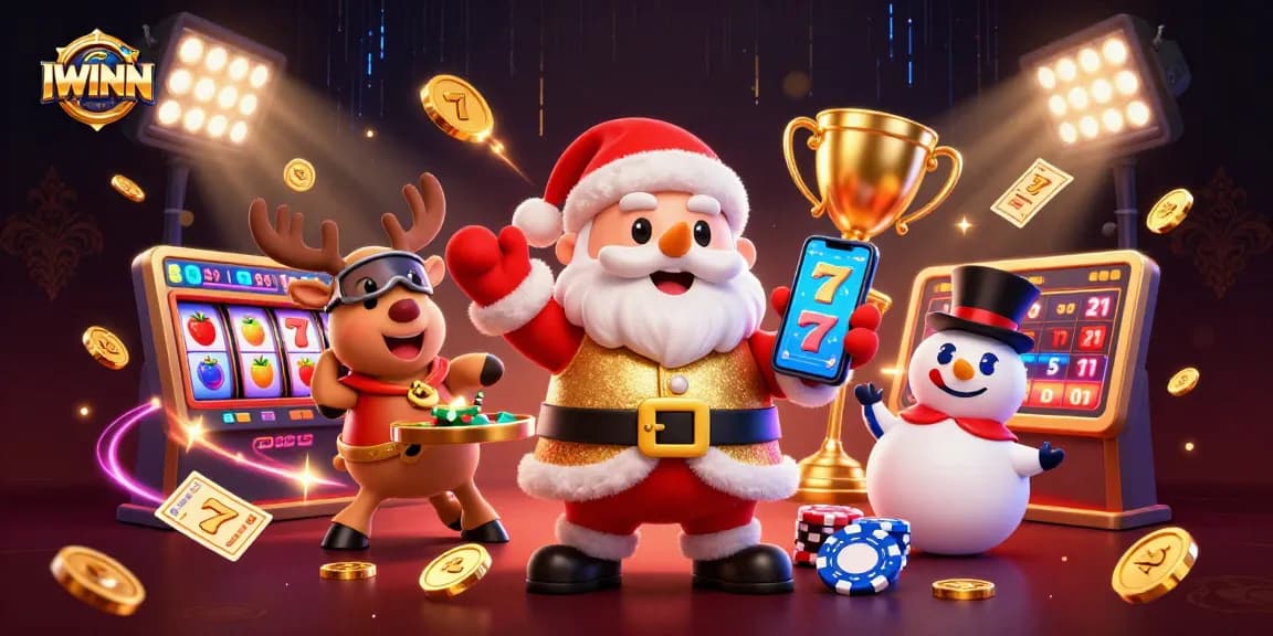 IWINN Jackpot thrills await with Santa, a dealer reindeer, and a poker chip snowman in a vibrant casino scene.