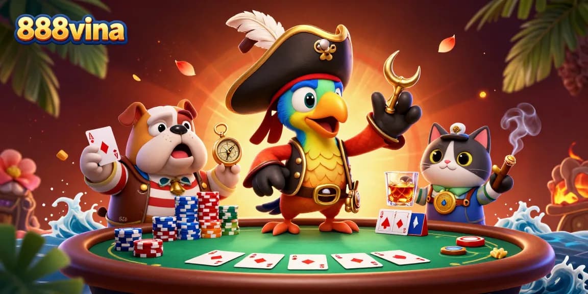 Engage with thrilling poker action at 888vina featuring a pirate captain with poker chips.