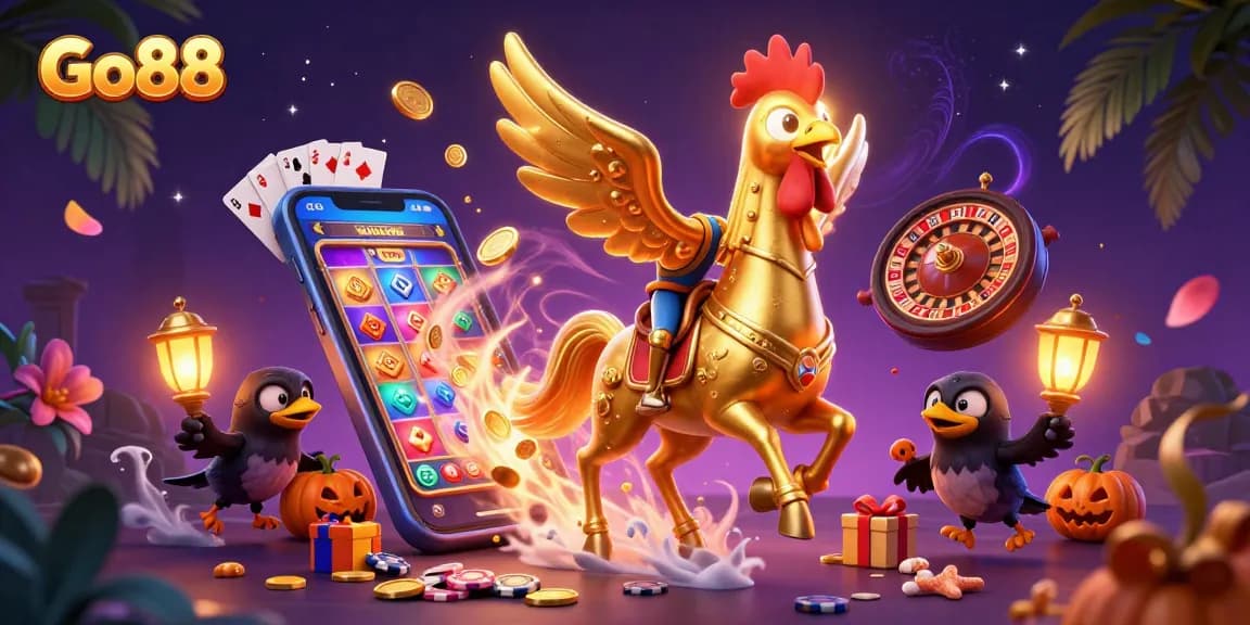 Engage with Go88's vibrant casino experience via a stunning 3D illustration featuring a golden rooster in a midnight casino scene.