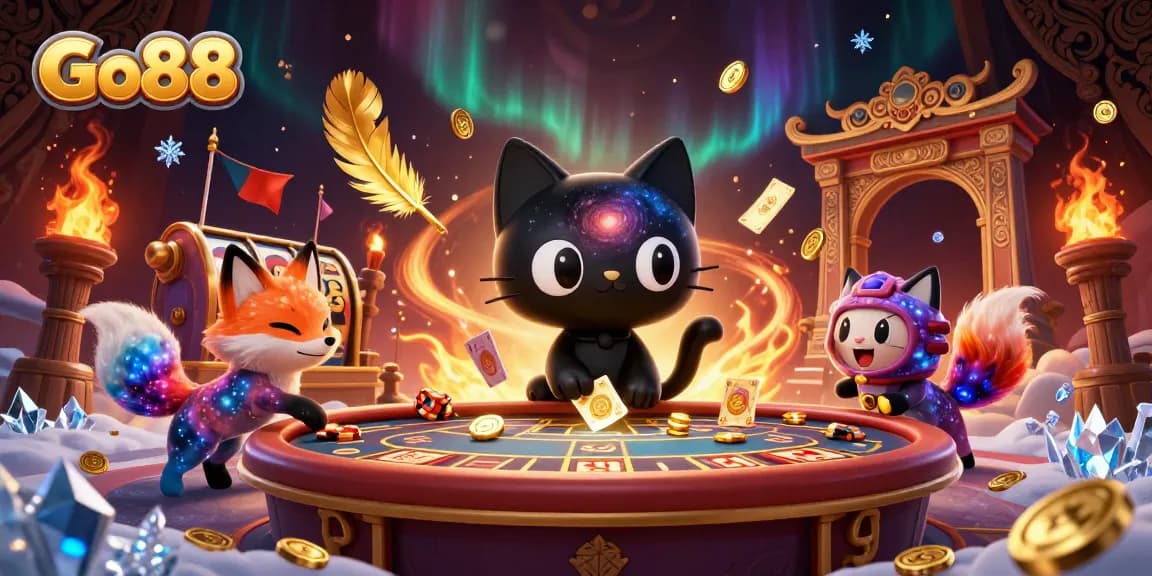 Go88 is an exciting cosmic casino scene with a black hole cat and a colorful nebula fox, showcasing vibrant game elements.