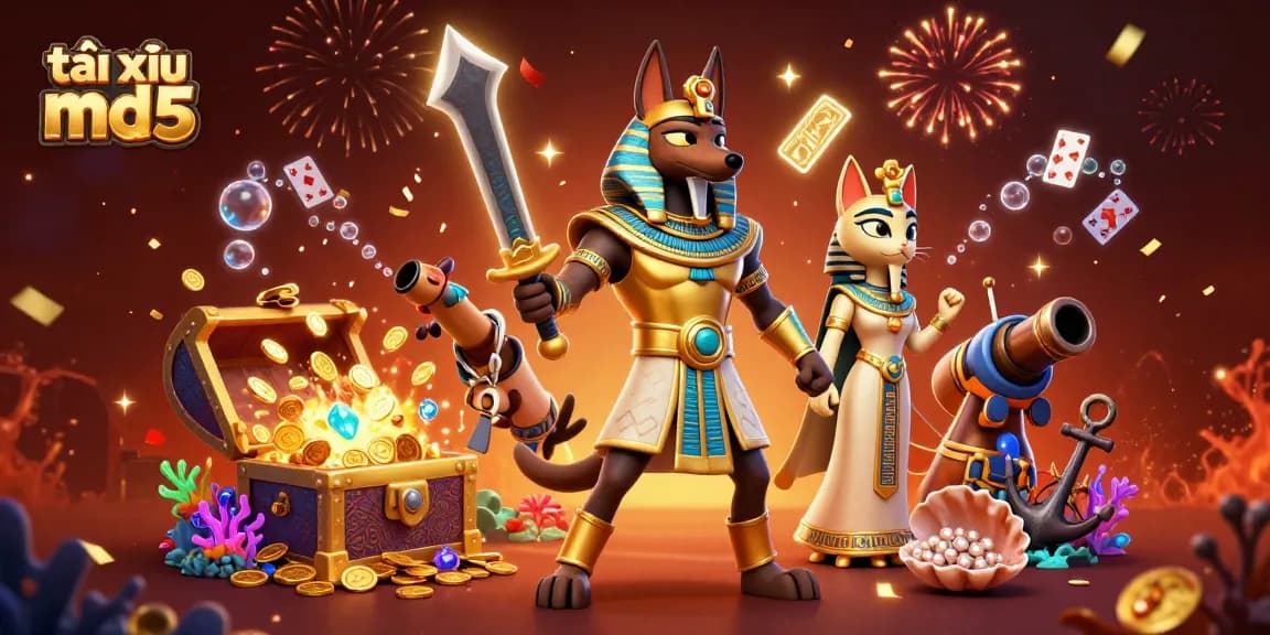 Engage in the exciting world of tài xỉu md5 with Anubis and Bastet amidst festive casino elements.