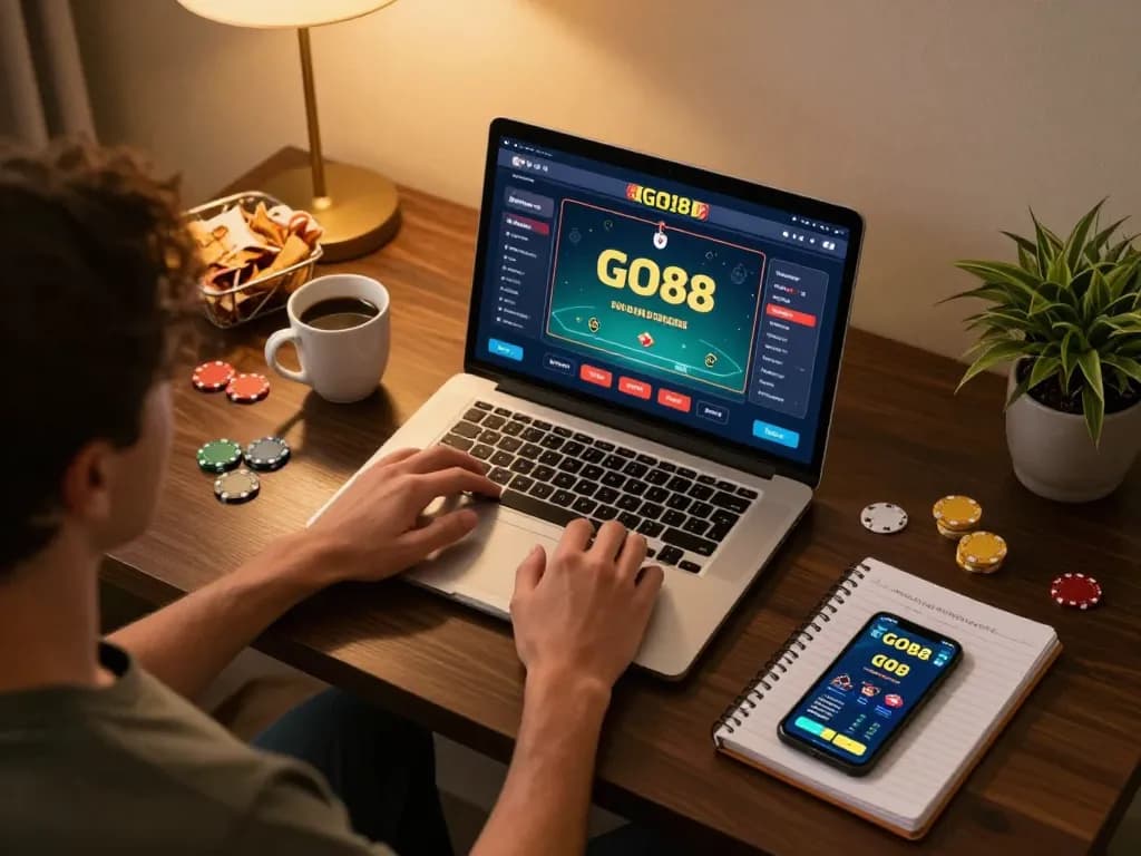 Engaging in GO88 online poker while enjoying a cozy home environment, highlighting strategic gameplay and relaxed atmosphere.