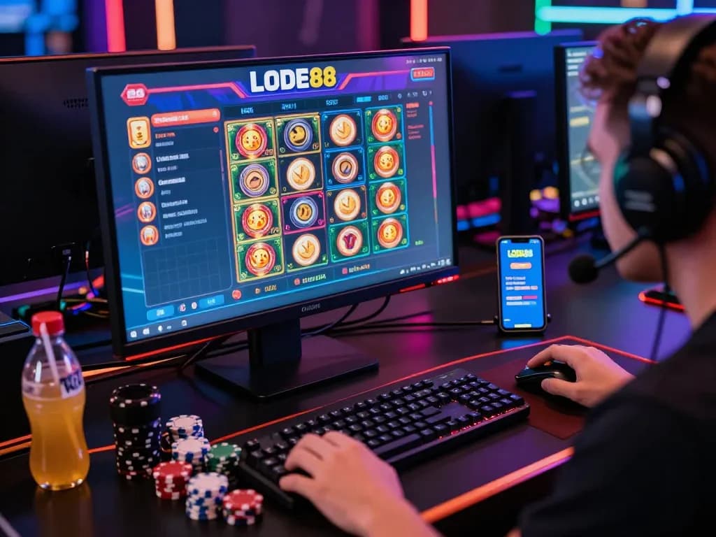 Engaged player interacting with the LODE88 online gambling platform in an immersive gaming environment with vibrant graphics.