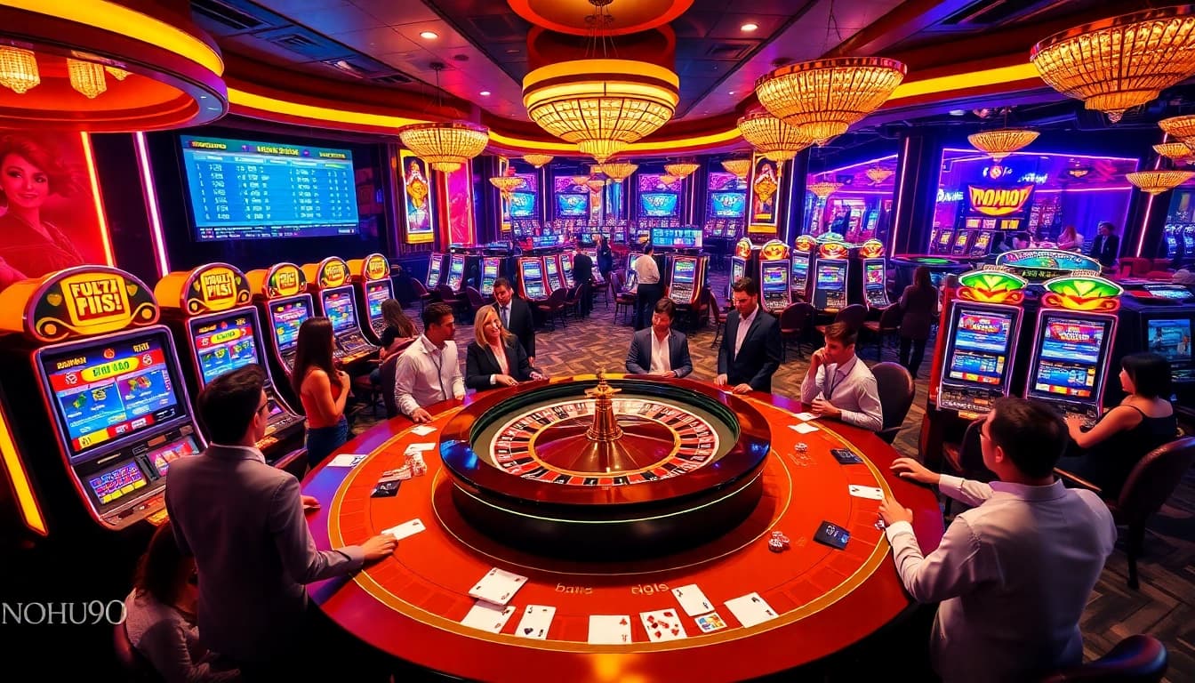 Players enjoying their time at NOHU90 casino with roulette and slot machines.