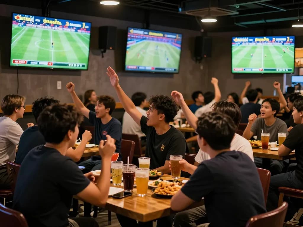 Fans enjoying live football matches at a sports bar, checking บ้านผลบอล7m scores on multiple screens.