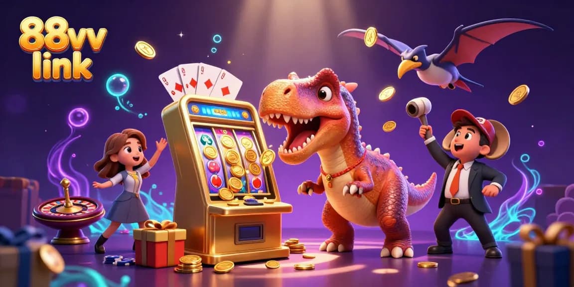 Catch golden coins with the 88vv link illustration featuring a pachycephalosaurus and a slot machine.