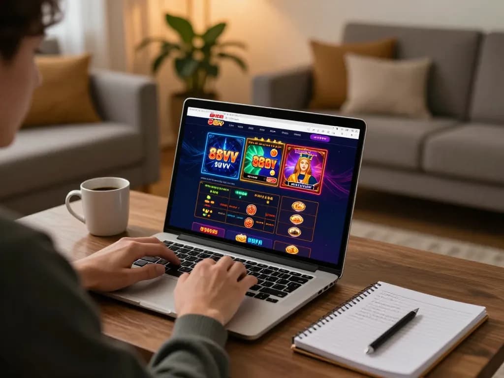Engaging online gambling experience at casino 88vv with a player focusing on their laptop.