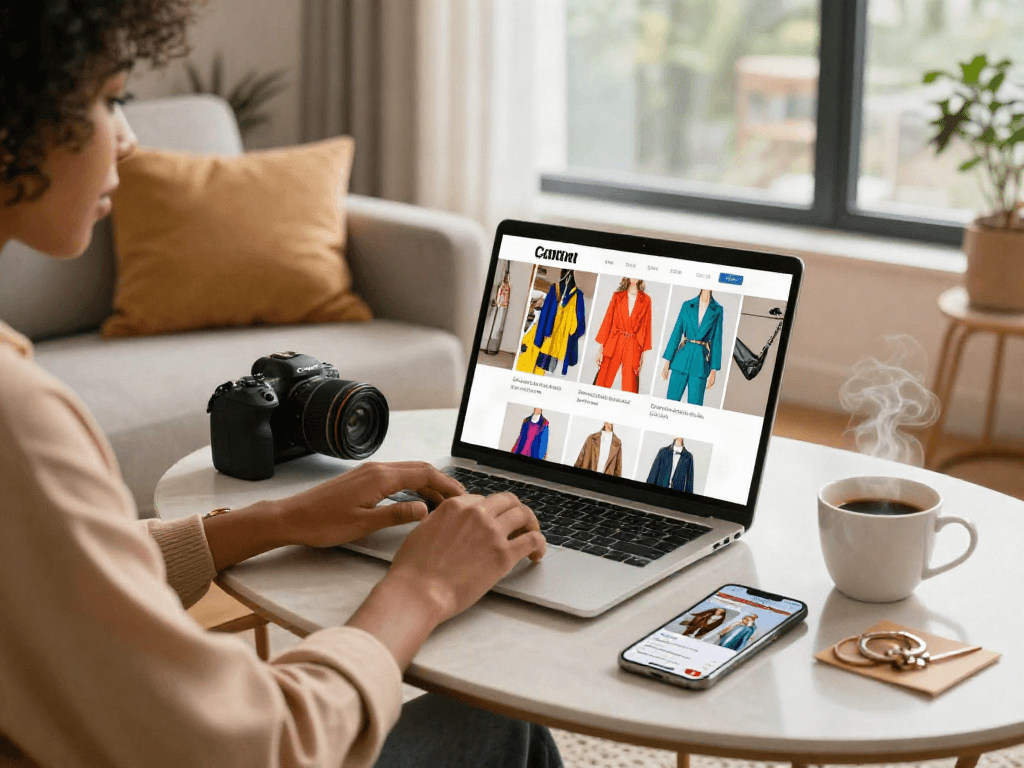 Engaging online shopping scene with rokok88 fashion items, stylish individual browsing e-commerce