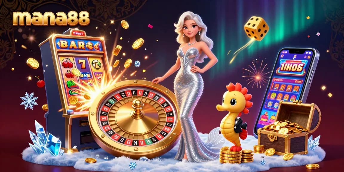 Experience thrilling wins with Mana88 at a glamorous casino scene featuring a roulette wheel.