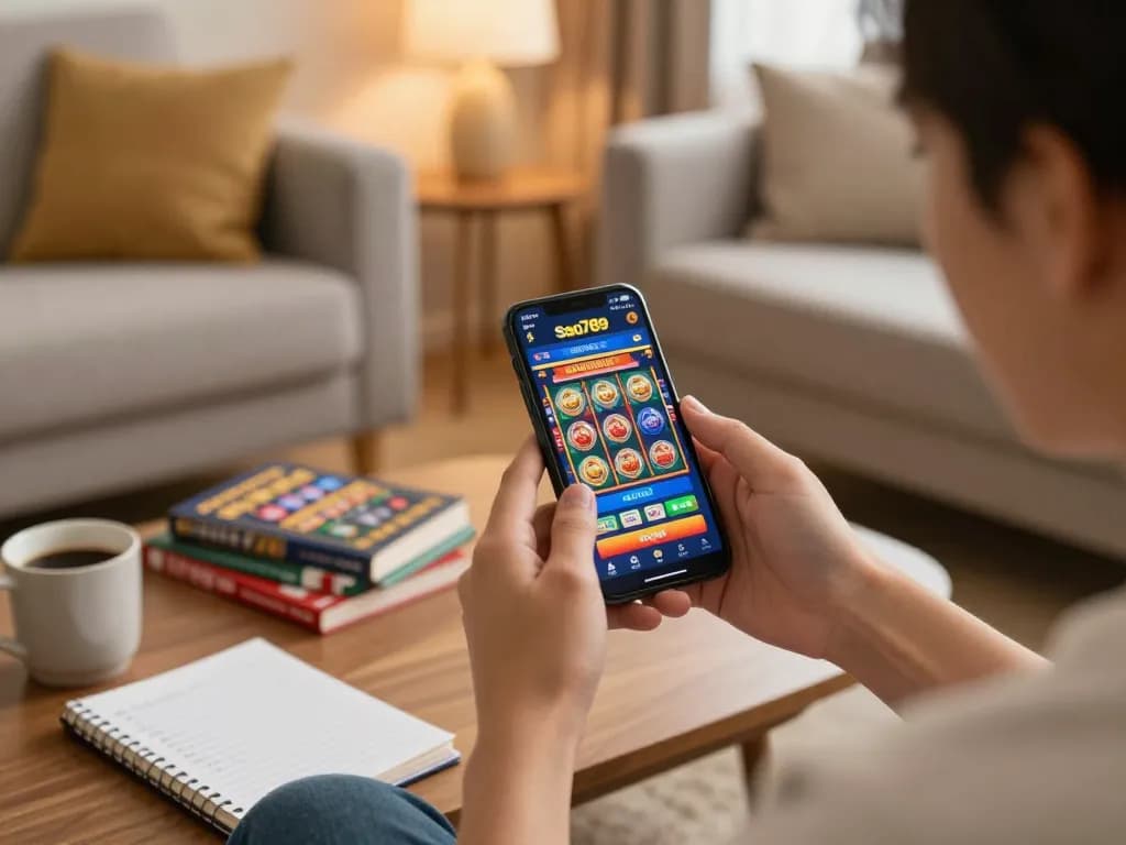Sao789 app showcased on smartphone during engaging online gaming session in a cozy living room, reflecting responsible play.