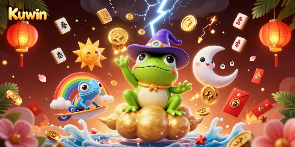 Kuwin offers a vibrant 3D illustration featuring a storm of golden coins, representing thrilling casino excitement and winning chances.