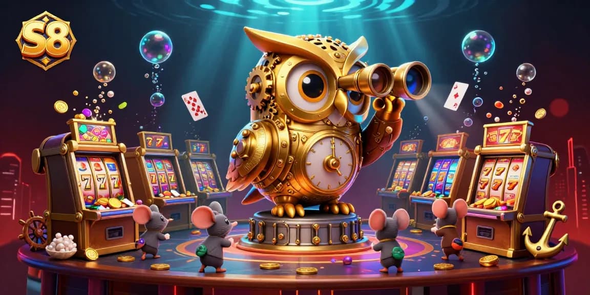 S8 promotes engaging gameplay with a vibrant casino scene featuring a golden owl scanning for jackpots.
