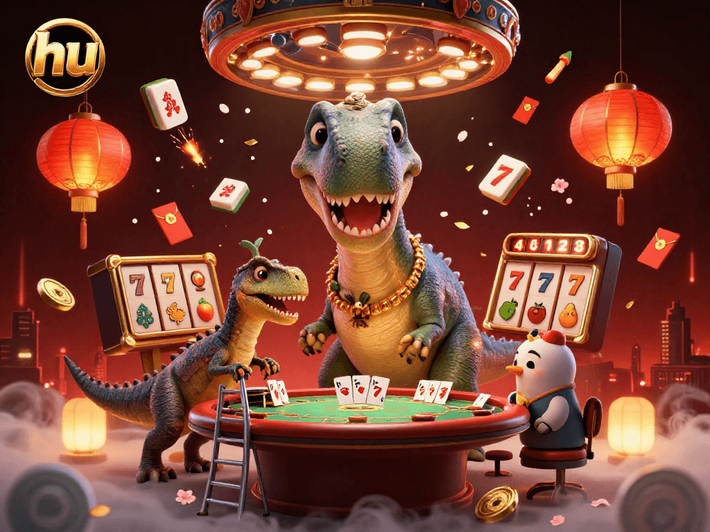 Play hu-inspired slots at a vibrant 3D casino scene showcasing animated characters and colorful elements.