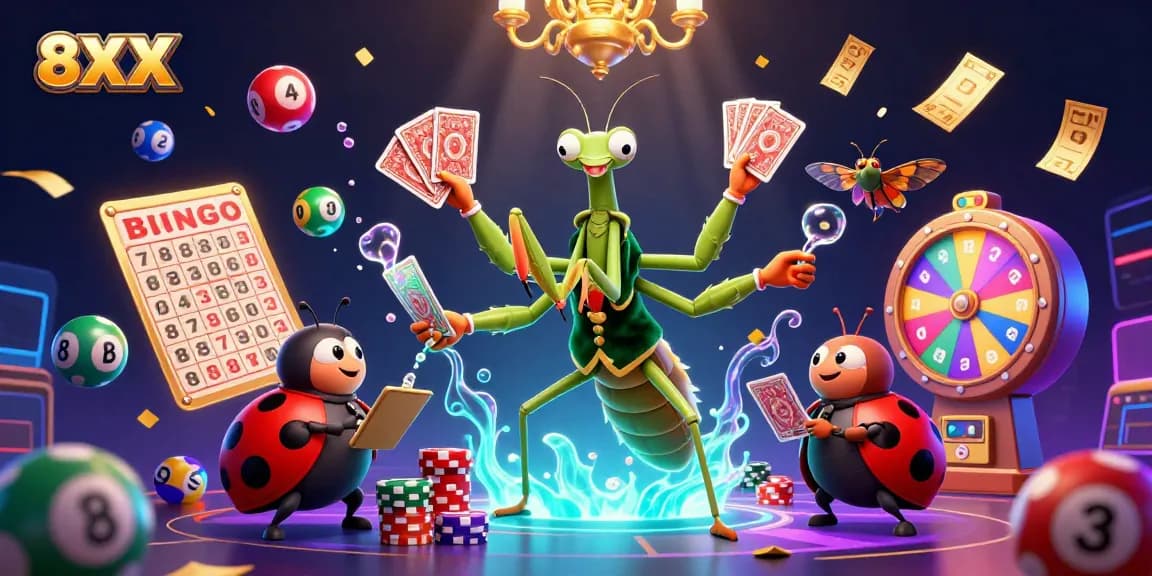 8XX's 3D cartoon scene showcasing a mantis card sharp and ladybug pit boss in a vibrant casino atmosphere.