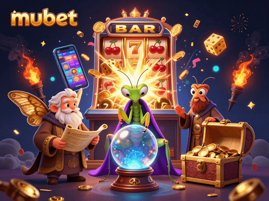 Experience thrilling betting action at mubet with a vibrant scene of fortune tellers and casino elements.