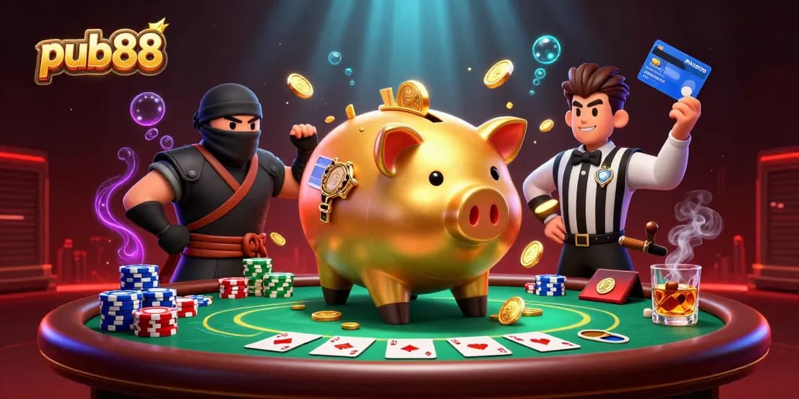 Experience excitement at pub88 with a golden piggy bank sumo wrestler shaking gold coins at a poker table.