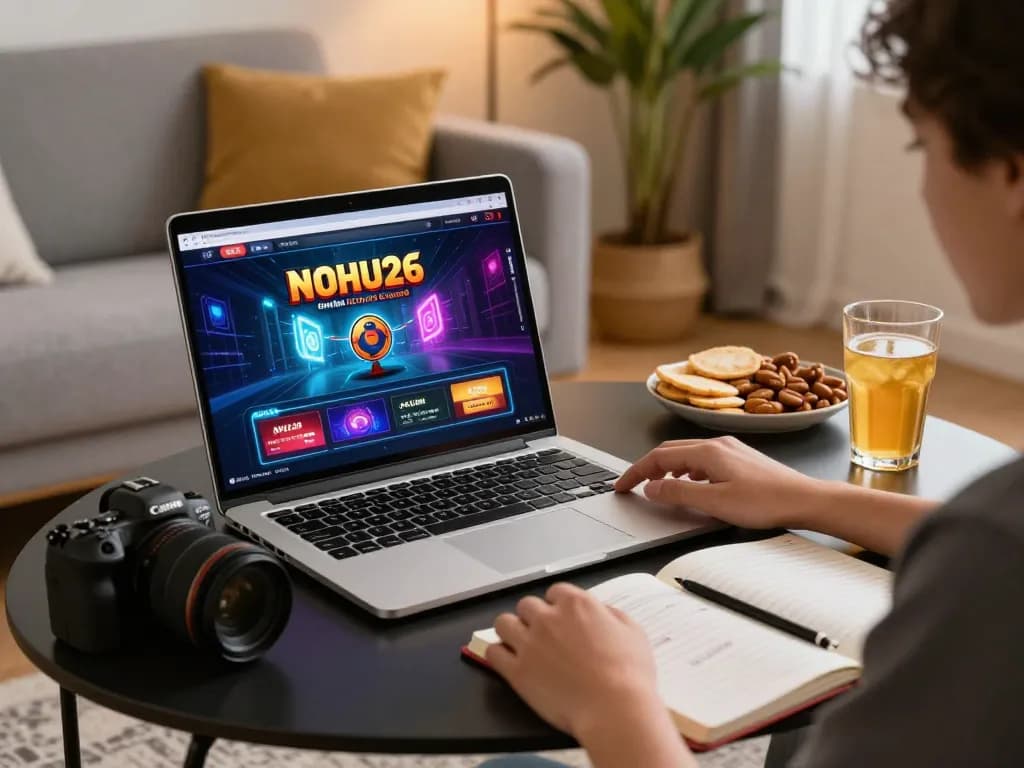 Engaging online casino experience on nohu26 laptop with cozy home setup.