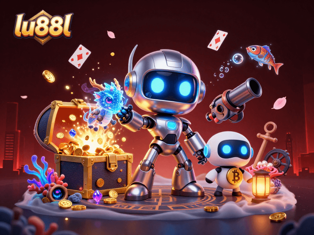 Engage in thrilling gaming at lu88l with a vibrant 3D illustration of a cyberpunk robot, dragon, and drone.