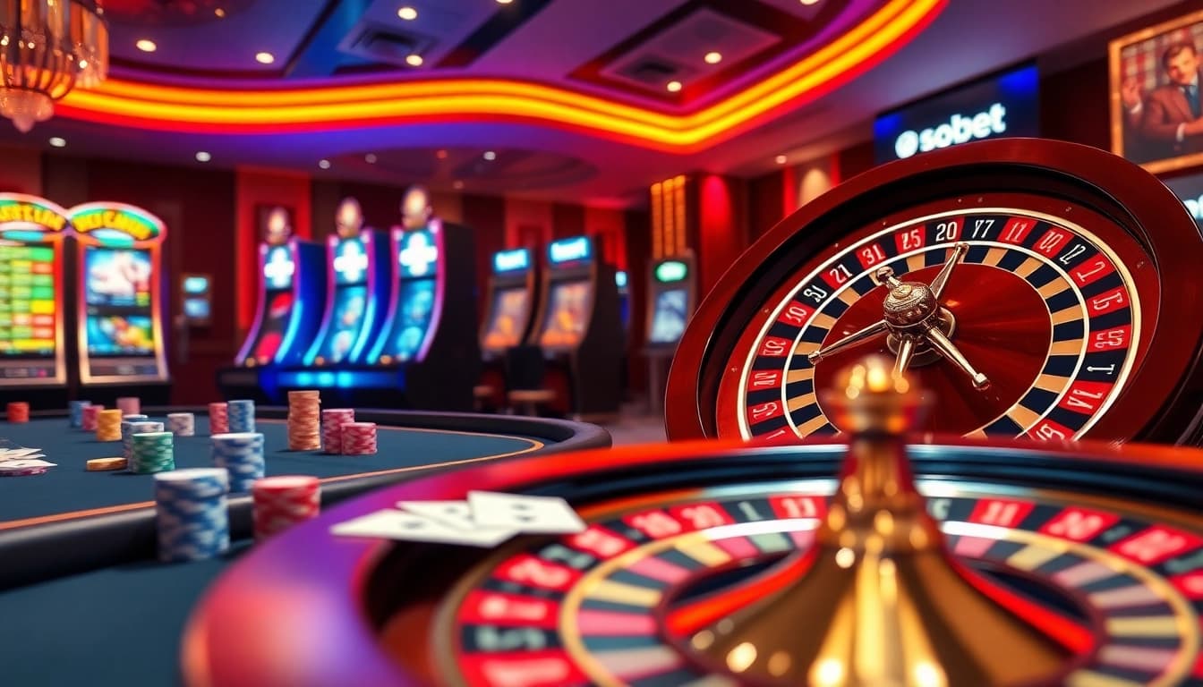 Sbobet link alternatif showcasing a lively casino table with poker chips and cards during an exciting game.