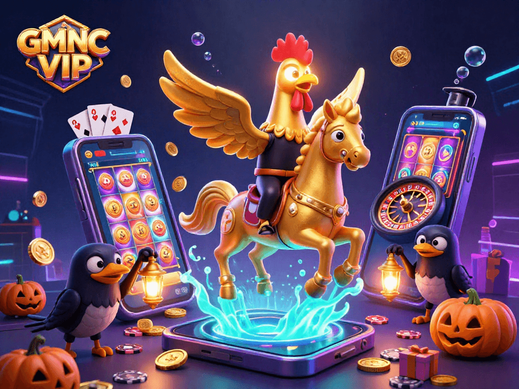 Engage with GMNC VIP in a vibrant casino ambiance showcasing a golden rooster headless horseman and slot games.