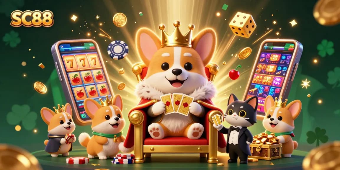SC88 showcases a golden throne scene with a royal corgi and dazzling casino elements bursting with excitement.