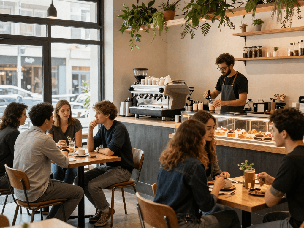 People enjoying their time at a café called rokok88, with barista serving vibrant drinks and pastries.
