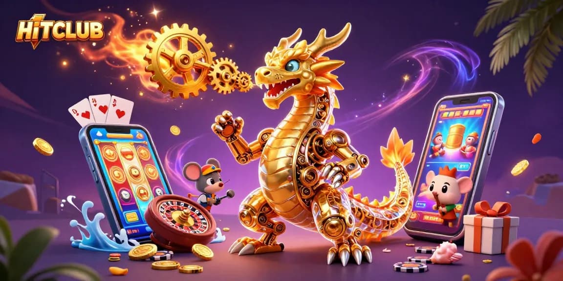 Join the excitement with HITCLUB's vibrant casino scene featuring a golden dragon and thrilling game elements.