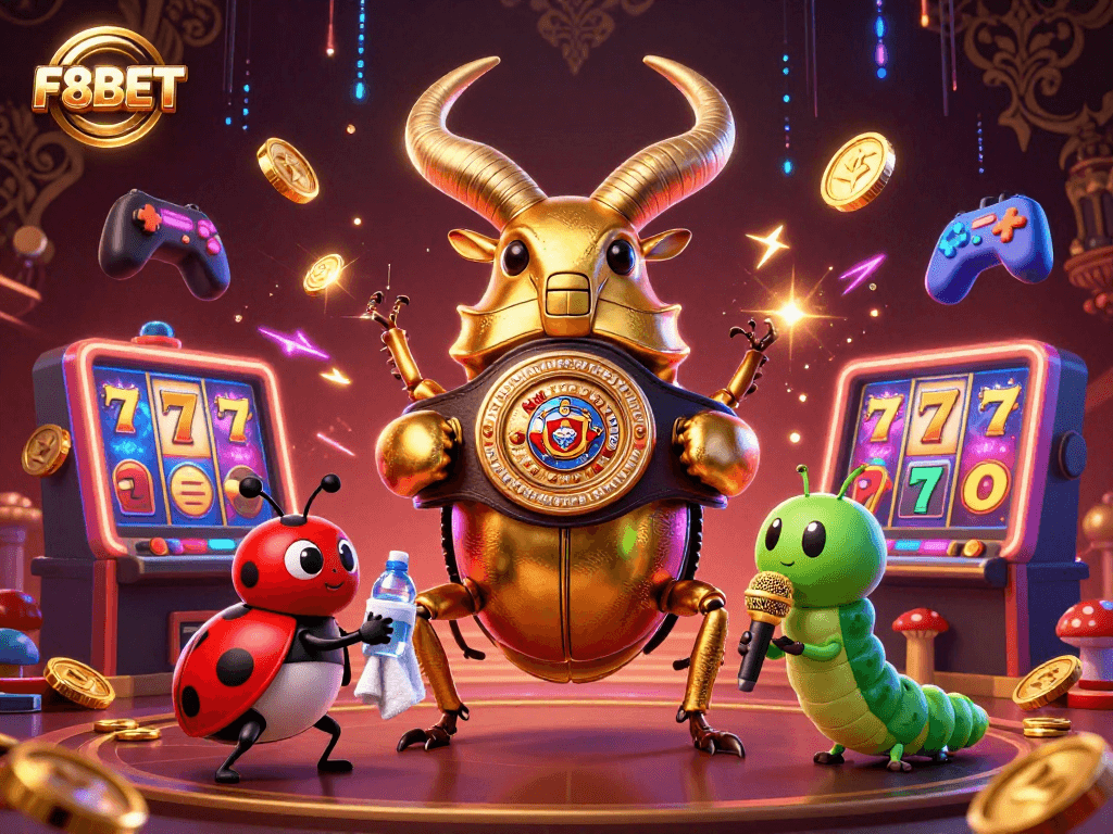 Engage with F8BET's dynamic gaming scene featuring playful characters and exciting slot machines.