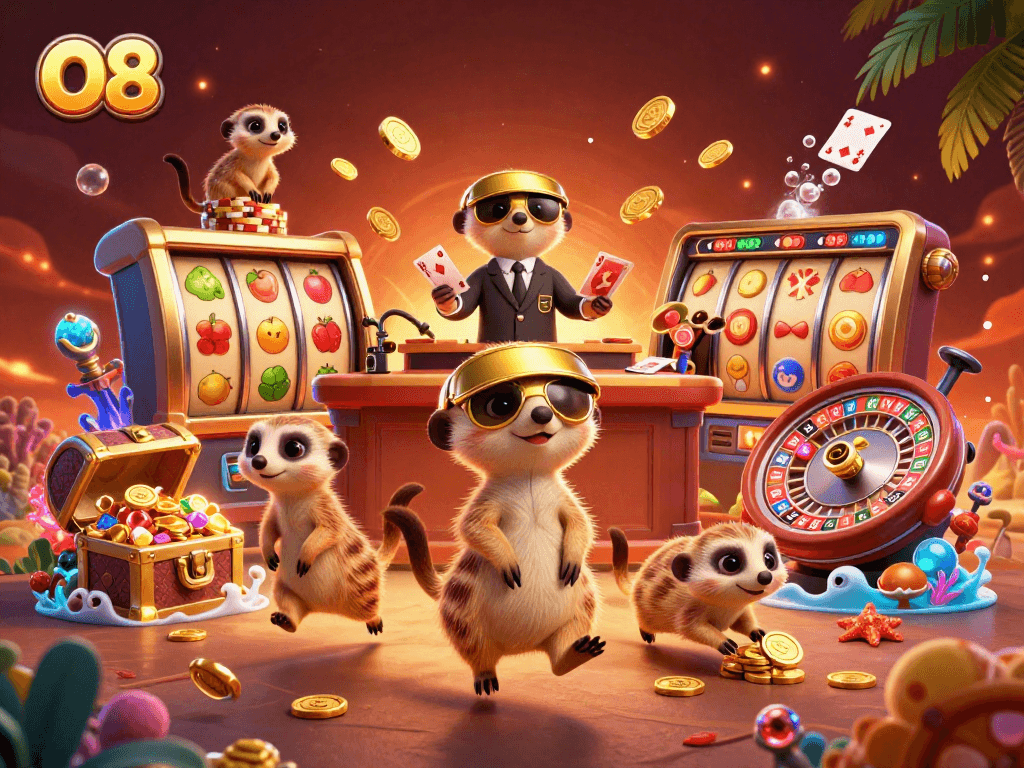 O8 meerkats run a lively casino with a roulette wheel, cards, and colorful gems in a vibrant 3D scene.