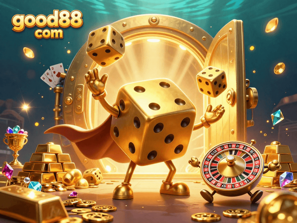 Engage in ultimate fun at good88 com with a lively 3D casino scene full of golden treasures and vibrant elements.