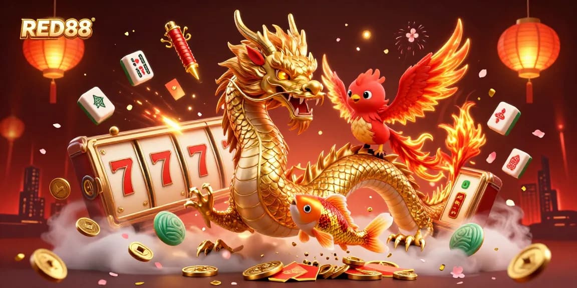 Experience thrilling wins at RED88 with a dynamic 3D gaming scene showcasing Asian casino elements.