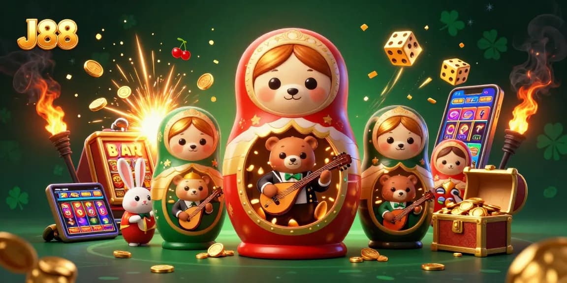 Celebrate the thrill of J88 gaming with vibrant 3D casino characters and rich jackpot elements.