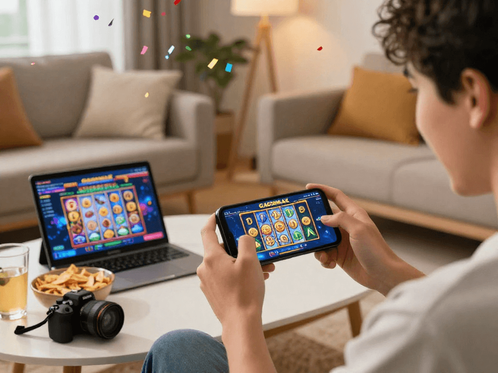 Player enjoying GACORMAX mobile slots on a smartphone with colorful animations and cozy gaming setup at home.