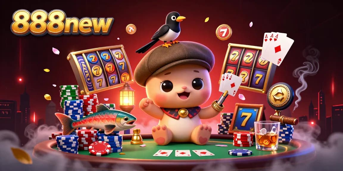 Experience thrilling gameplay with 888new as Nessie and friends spin the slots in a dynamic casino illustration.