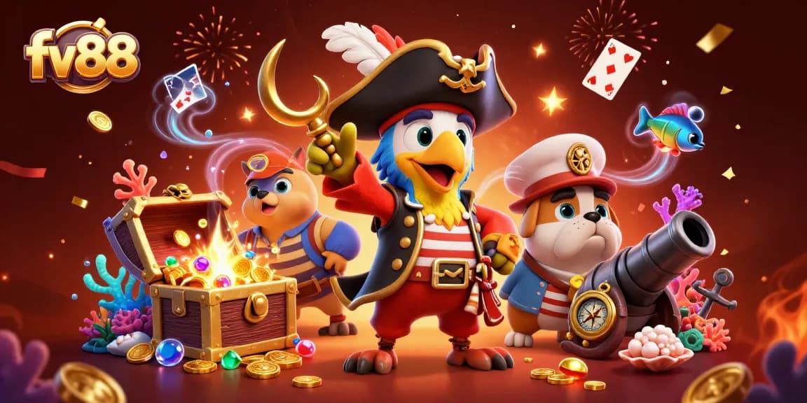 fv88 showcases a lively casino scene with a pirate captain and friends amidst a treasure explosion.