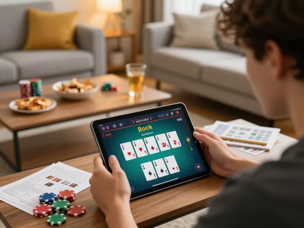 Young adult playing poker on a tablet at home, demonstrating betbdt66's engaging online gaming experience
