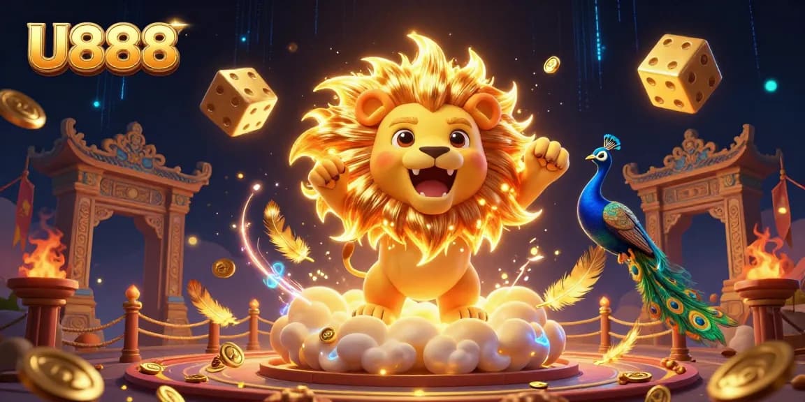 U888 shines amid a vibrant 3D casino scene of thrilling gaming with cascading golden dice and dynamic energy.