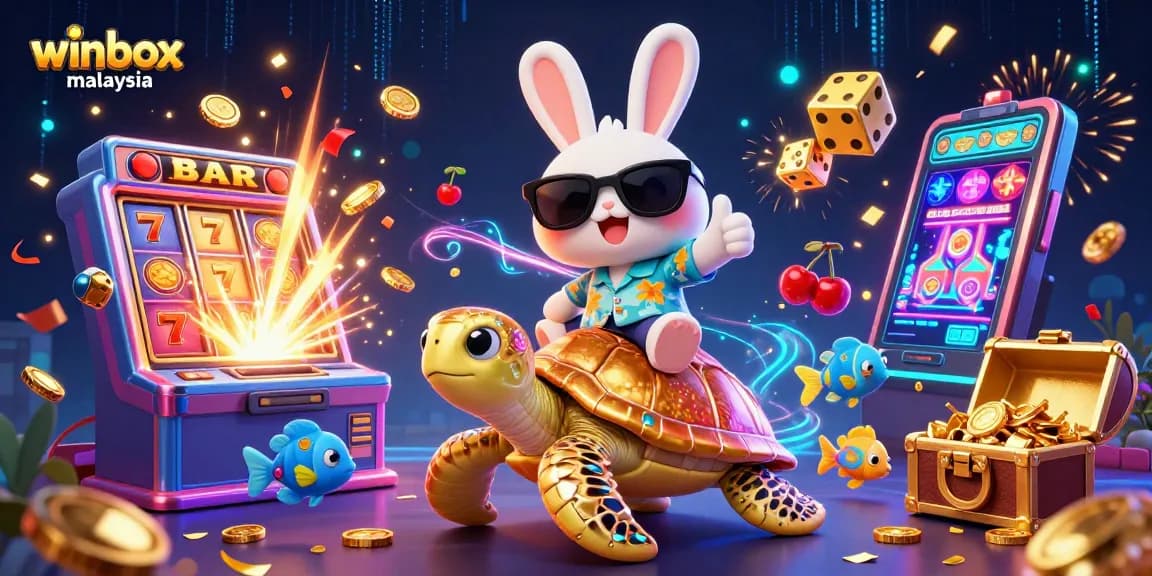 Experience winbox malaysia with a lucky rabbit and golden sea turtle amidst a vibrant casino scene.