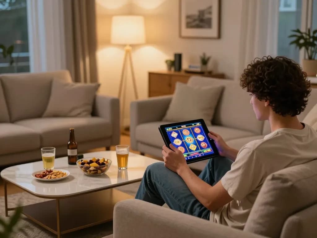 Engaging in online slot games at home with https://98win9.co.com/ on tablet, cozy atmosphere, and snacks