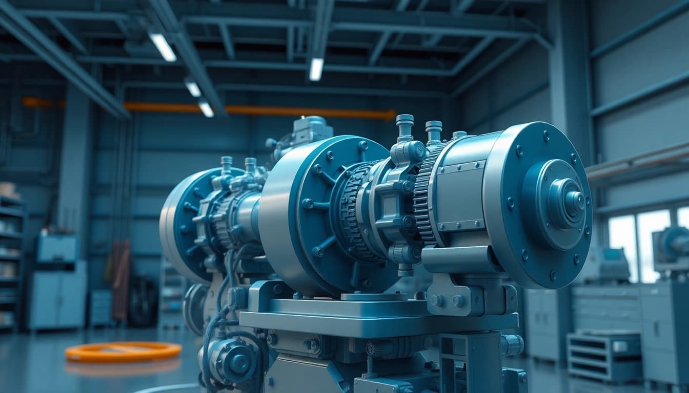 Showcase a Technische Animation of a complex machine with intricate detailing and realistic visualization in a 3D environment.
