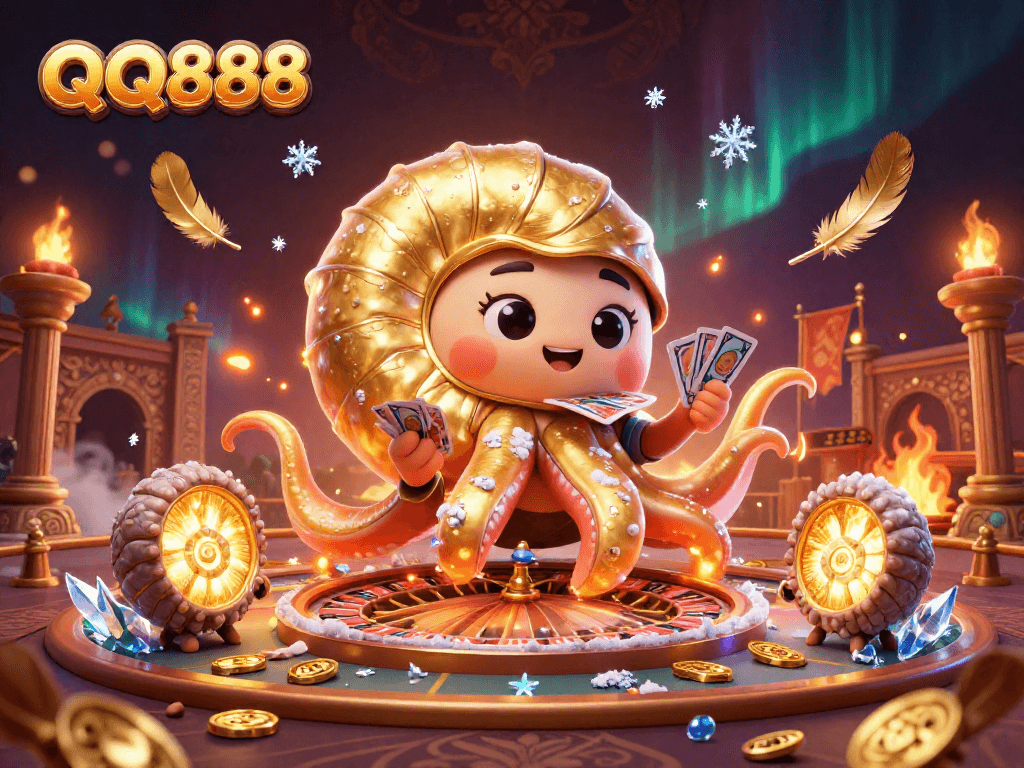 Experience exciting gameplay and thrilling wins with QQ888 in a vibrant casino atmosphere featuring a giant nautilus and glowing ammonite companions.